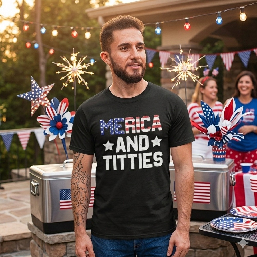 Merica and Titties Graphic T-Shirt Mens 3XL Black Patriotic American Flag Stars